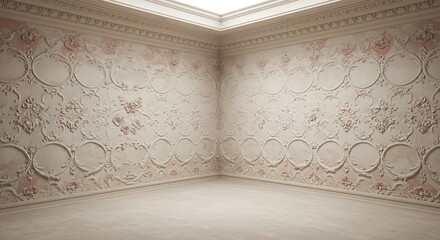 Empty square room with old antique floral wall stucco molding flowers ornate texture