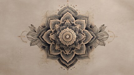 and intricate line art mandala with geometric patterns and floral elements, drawn with precise, clean vector lines on a softly textured, warm off-white background, embodying a serene and balanced 
