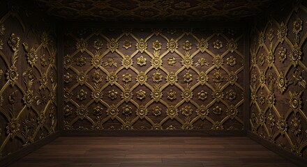 Empty square room with Pattern of gold flower carved on wood