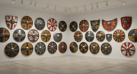 Empty square room with Medieval knightly round shields with metal border on the wall