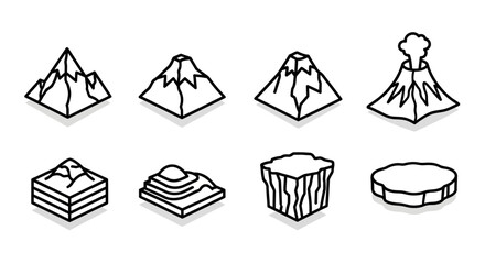 A collection of eight isometric landform icons including mountains, volcanoes, cliffs and plateaus