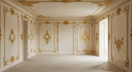 Empty square room with stucco molding of different styles covered with gold for decoration