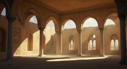 Empty square room with ancient arches, columns, windows and apertures