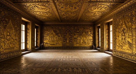 Empty square room with Thai classic style ancient pattern of golden wood craft