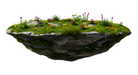 Floating island oasis with vibrant spring flowers and lush green moss, a tranquil fantasy landscape element