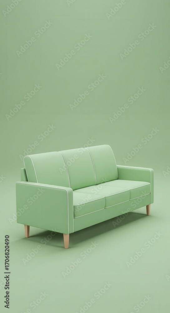 Poster a light sage green sofa stands out against a matching minimalist backdrop, showcasing its clean line