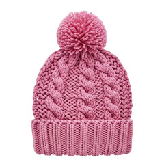 Pink knitted beanie with pompom, isolated on transparent background
