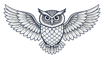Detailed drawing of an owl with its wings spread wide on a black background in monochrome style
