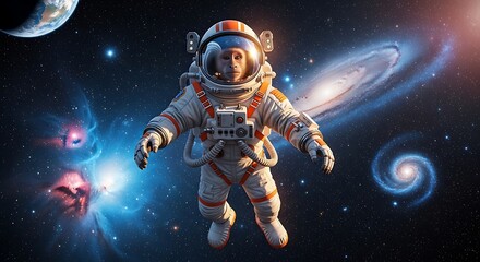 Realistic astronaut monkey in orange spacesuit floating among vivid galaxies and Earth in deep space.