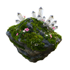 Enchanted floating island with quartz crystals, moss, and wildflowers for magical fantasy designs