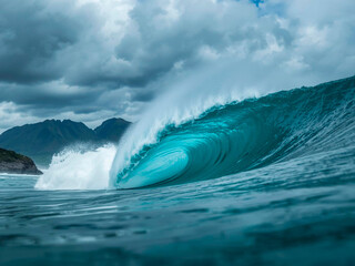 Sea with tubular wave on a cloudy day generated by Generative AI