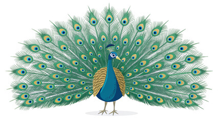 A cartoon peacock with a blue body and a large fan of green and blue feathers displayed behind it