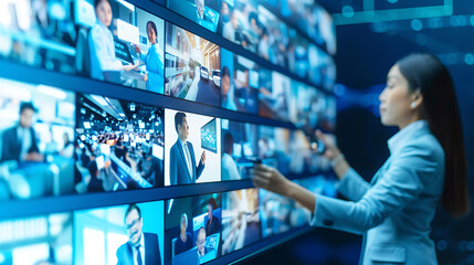 Obraz premium Woman interacting with a large digital display wall showing multiple video feeds in a high-tech environment