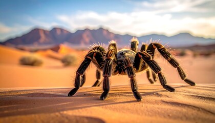 A large, hairy arachnid stands prominently on a sandy surface, desert landscape in the background with mountains at sunset