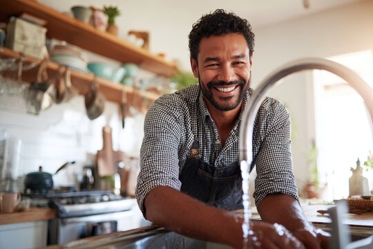 Smiling young adult Hispanic man washing hands in kitchen