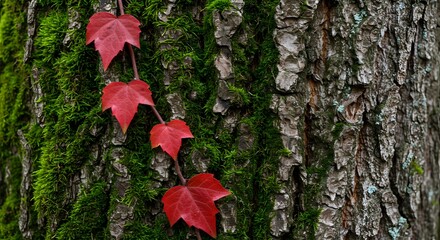 Vibrant red autumn ivy leaves clinging to a textured, moss-covered tree trunk in a forest