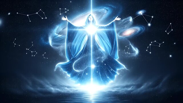 A divine cosmic goddess floating in space with galaxies and zodiac constellations in the background.