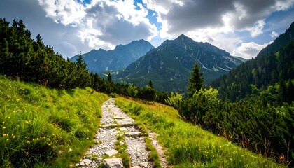 Mountain trail through lush green valley