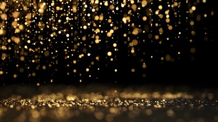 Naklejka premium Golden glitter sparkles on dark background.