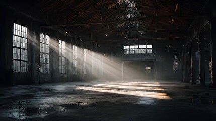 Spacious deserted warehouse hall with beams of sunlight.