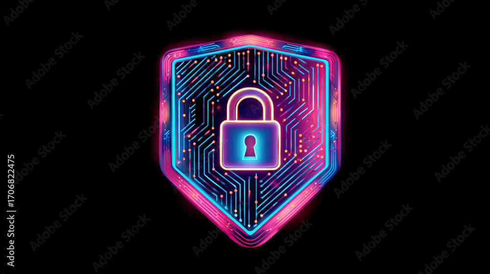 Aufkleber futuristic digital lock shield with circuit patterns and neon glow effects on a dark background for 
