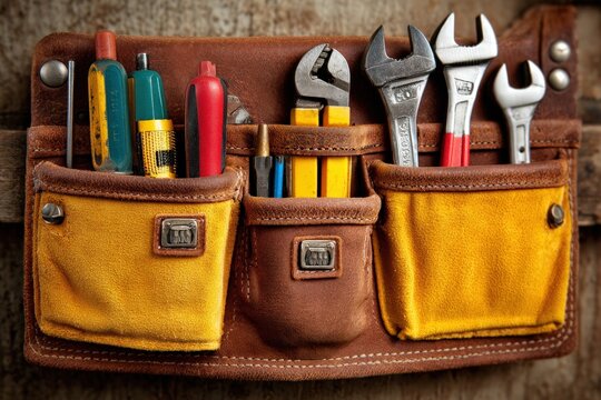 Sturdy leather tool belt with various hand tools