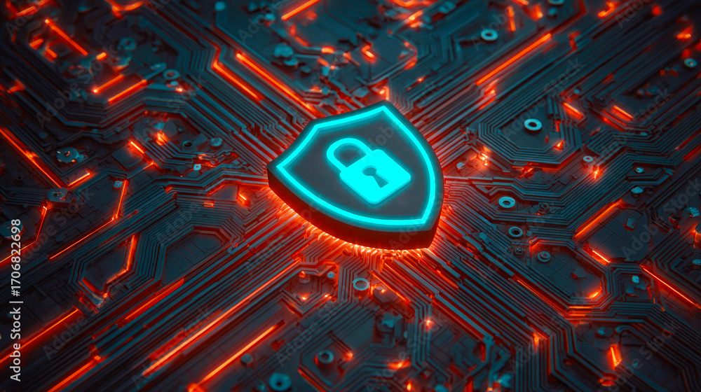 Aufkleber futuristic blue and orange circuit background with shield icon representing data security and cyber 