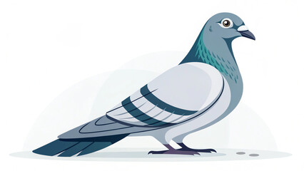 Illustration of a pigeon with gray and white feathers standing on a white surface looking to the right