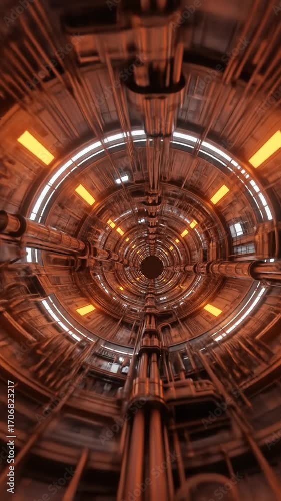 Poster detailed inside view of a futuristic tunnel with orage lights and metallic structures a sci-fi indus