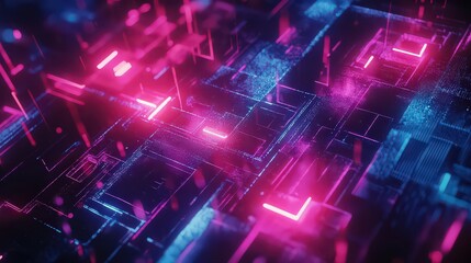 Obraz premium Abstract glowing circuit board with pink and blue neon lights in a futuristic design