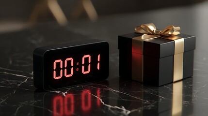 A minimalist-designed digital countdown timer on a black marble surface, displaying the numbers 00:00:01 in a bright red LED.