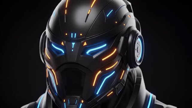 A futuristic black armored helmet illuminated by glowing blue and orange neon lights against a dark background.
