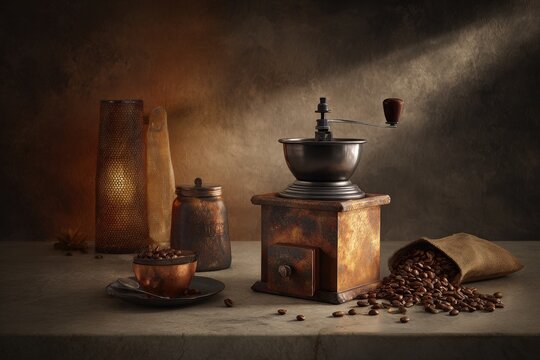 Vintage coffee grinder, roasted coffee beans, and copper cup on rustic table - Powered by Adobe
