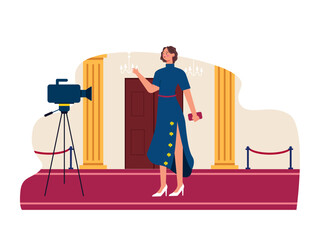 Famous female artist is posing in front of the camera in her elegant dress. Hollywood illustration. Flat vector illustration.