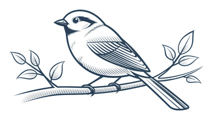 Stylized illustration of a bird perched on a branch with leaves in a monochrome color scheme design