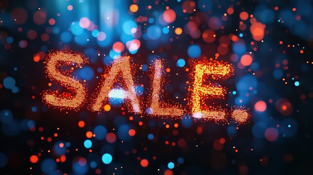 Illuminated sale text with bokeh lights in red and blue on a dark abstract background design effect - Powered by Adobe