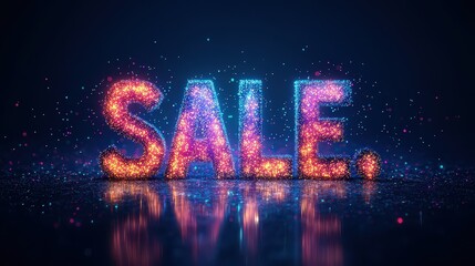 Sale sign made of sparkling particles on a reflective surface against a dark blue background