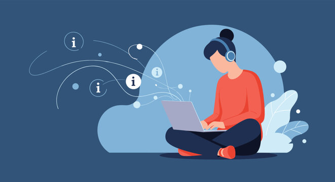 A person wearing headphones sits cross-legged with a laptop generating information bubbles.