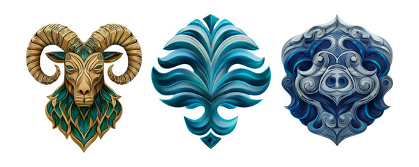 Detailed Illustration of Animal Heads and Ornamental Designs in Vibrant Colors