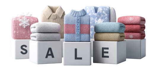 Colorful Sale Display of Cozy Sweaters on Isolated Transparent Background