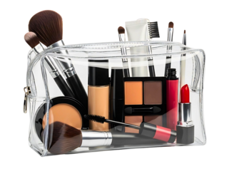 Clear cosmetic bag filled with makeup products isolated on transparent background