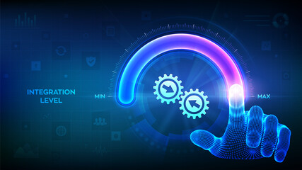 Integration data system. System Integration. Industrial and smart technology. Business and automation solutions. Hand is pulling up to the maximum position circle progress bar. Vector illustration.