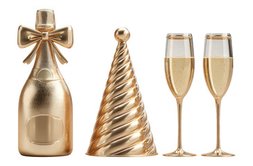 Elegant Golden Champagne Bottle with Party Hat and Flutes on Transparent Background