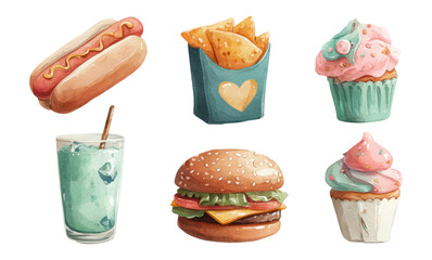 Colorful Illustrated Food Items with Hot Dog, Fries, Cupcake, and Burger Design