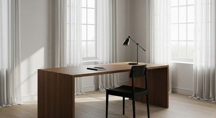 Modern Home Office Wooden Desk with Task Lamp Black Chair by Window White Curtains Minimalist Interior Design
