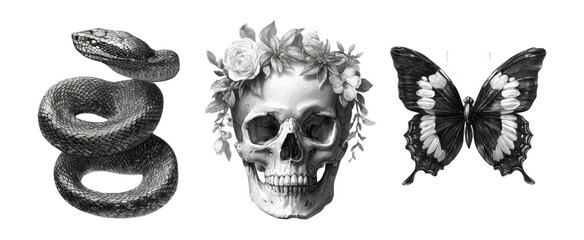 Black and White Illustrations of Snake, Skull, and Butterfly on Transparent Background