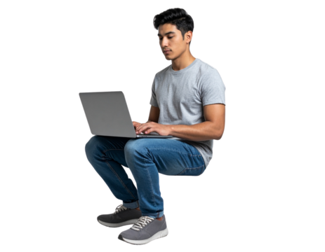 Young Man Working on Laptop Isolated on White Background