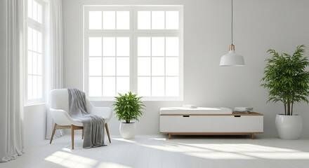 Sunlight Streaming In Modern White Living Room with Minimalist Decor Indoor Plants and Cozy Armchair Interior Design