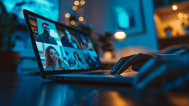 Person participating in a video conference on a laptop in a dimly lit room with warm ambient lighting