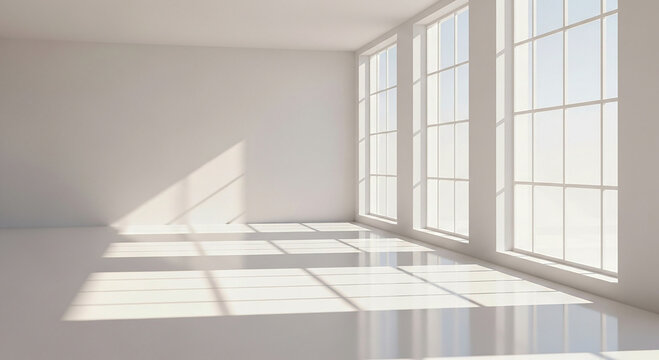 Modern Architecture All White Interior Bright Sunlight Through Large Windows Minimalism and Spacious Design Light and - Powered by Adobe